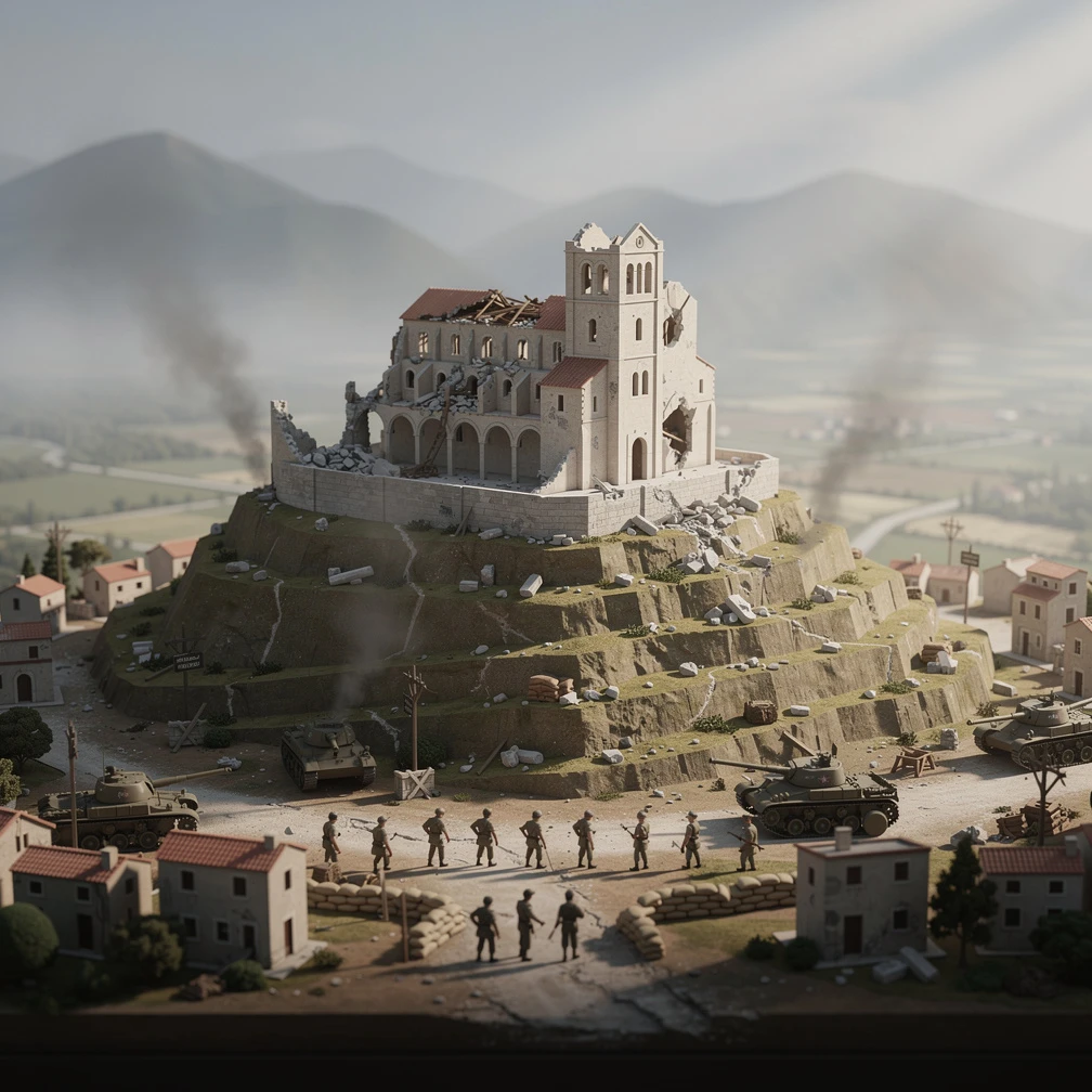 Historical artwork depicting the Battle of Monte Cassino