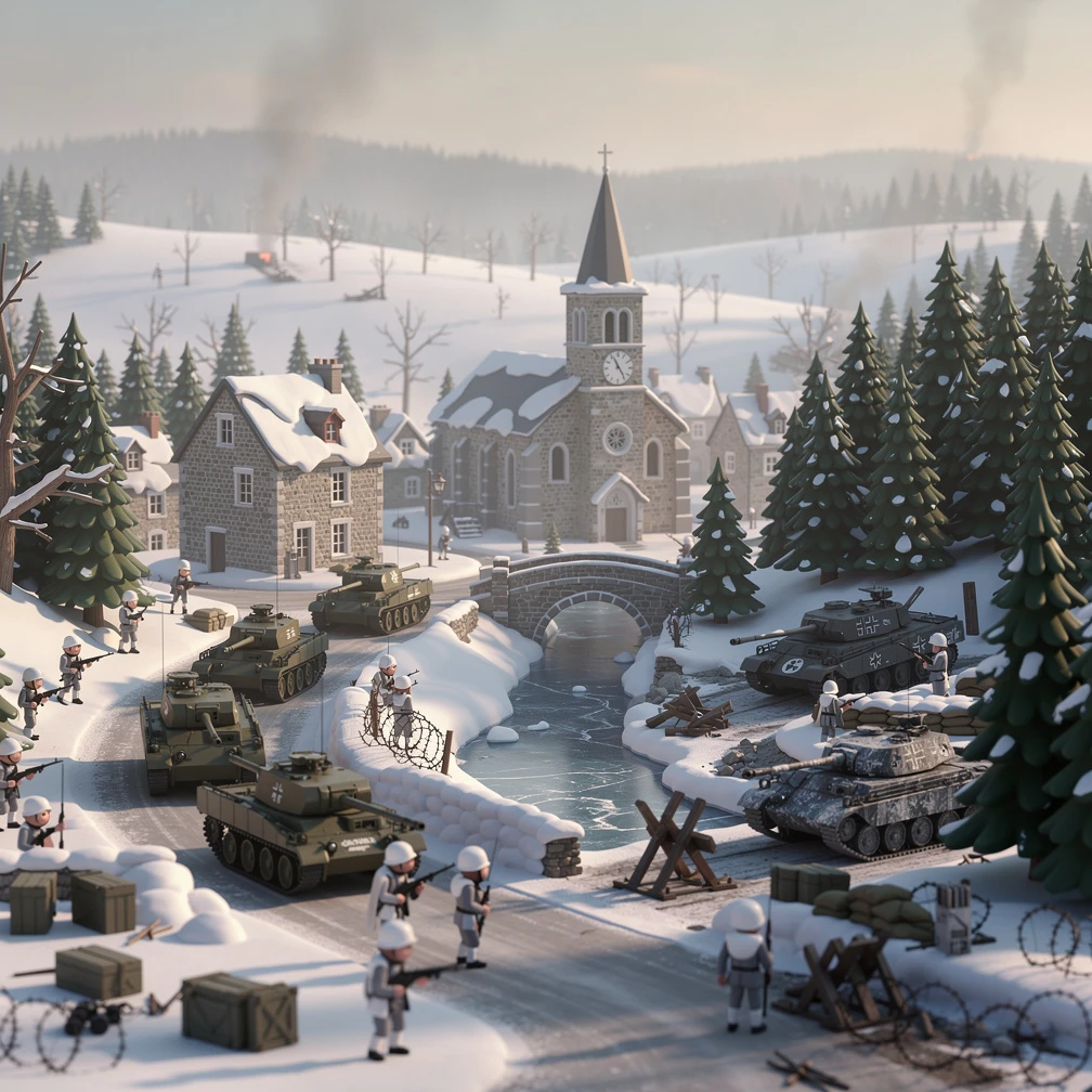 Historical artwork depicting the Battle of the Bulge