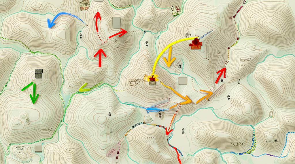 Tactical battle map showing flanking arrows and troop formations from a birds eye view