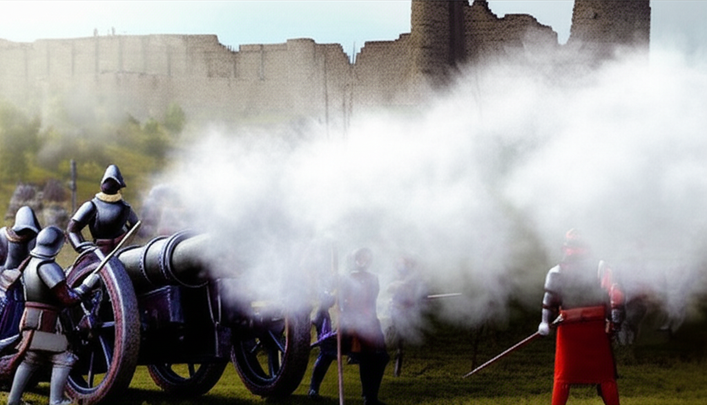 Cannon firing with smoke billowing across a battlefield as castle walls crumble