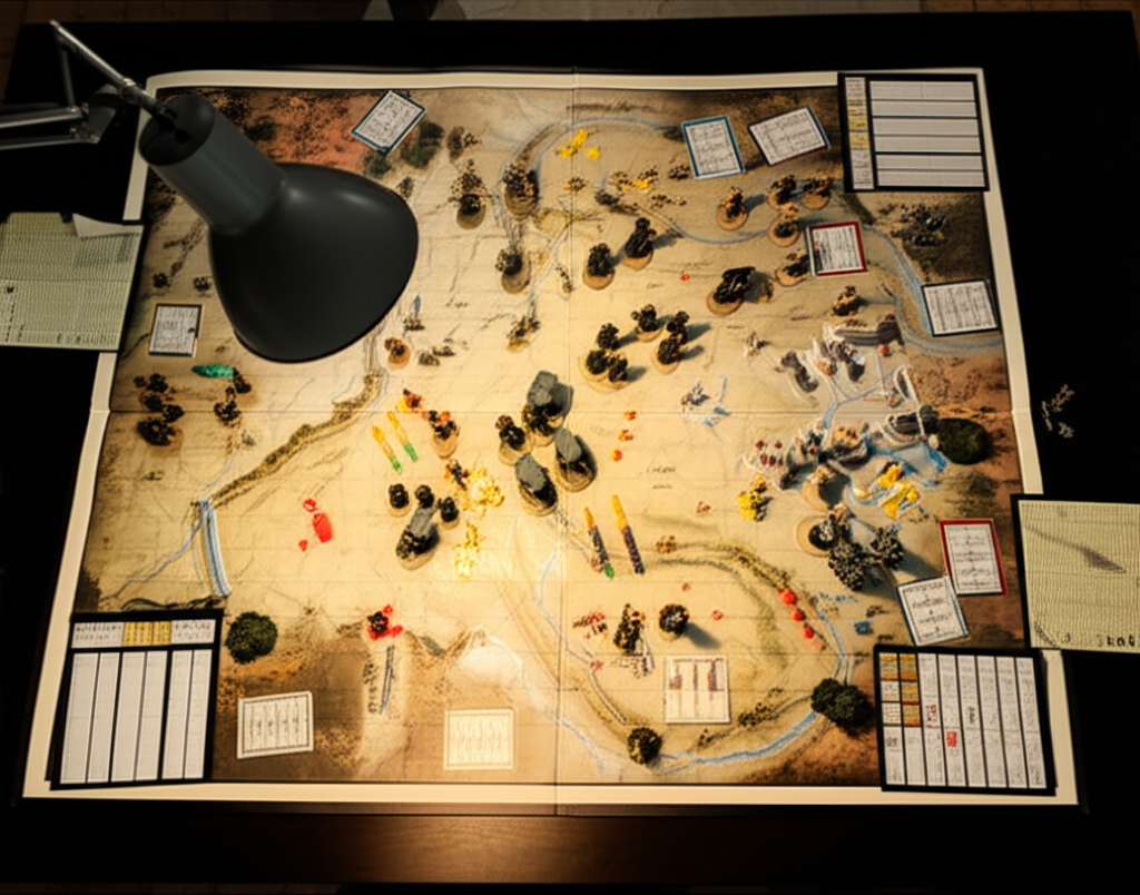 Strategy board with military miniatures and score cards representing BattleGuess gameplay tips