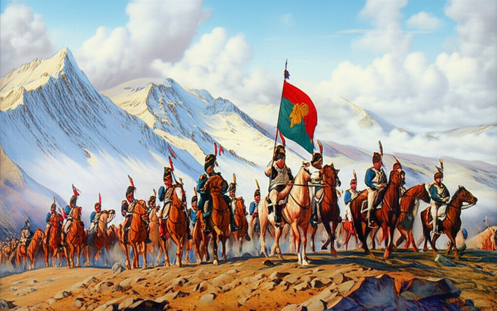 South American independence forces crossing the Andes mountains with cavalry and flags