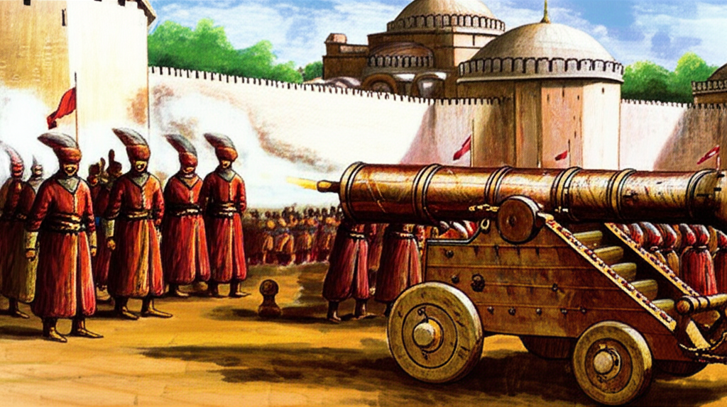 Ottoman Janissary troops with massive siege cannons outside the walls of Constantinople