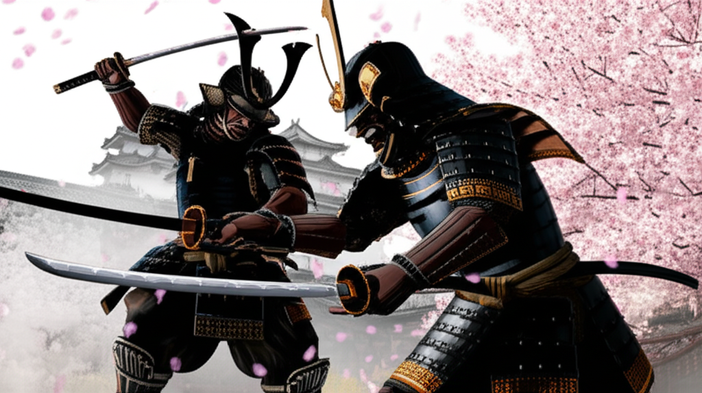 Samurai warriors in traditional armor clashing with swords in front of a Japanese castle