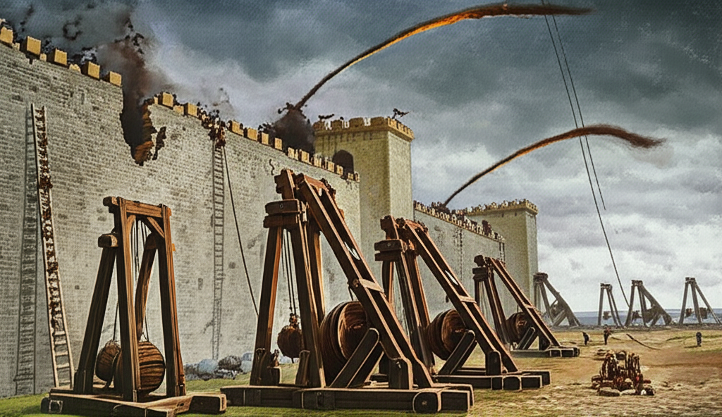 Medieval siege with trebuchets launching stones at a castle wall while defenders fight back
