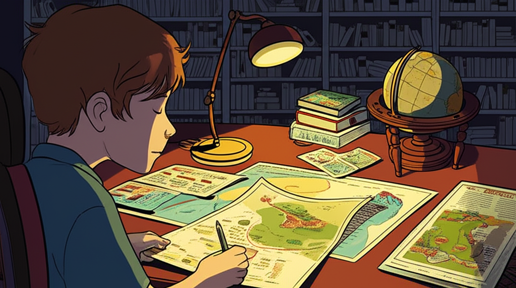 Student studying military history with maps and battle diagrams spread across a desk