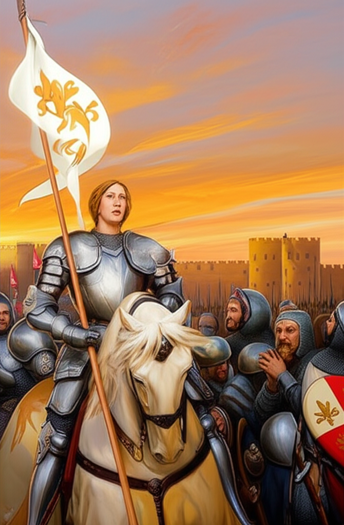 Joan of Arc in armor rallying French troops with a banner at the Siege of Orleans