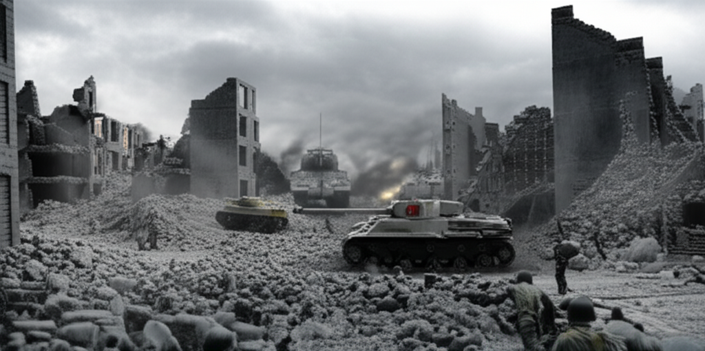 World War II battle scene with tanks advancing through smoke and explosions on a European front